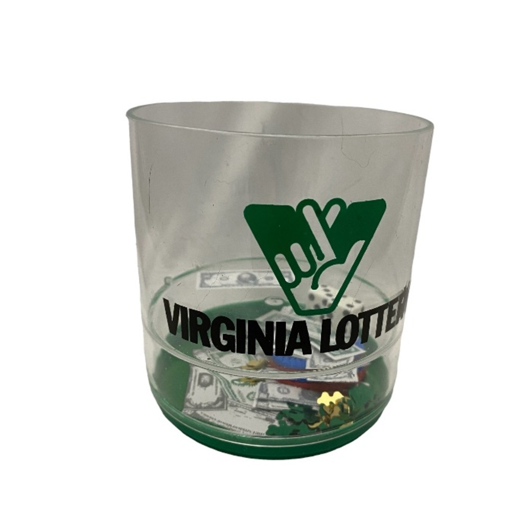 Vintage Virginia Lottery Clear Acrylic Cup Dice Money Clover Tokens